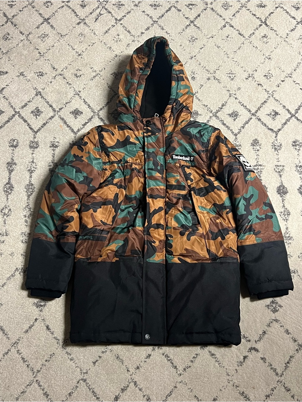 Timberland Boy’s Camouflage Hooded Puffer Jacket - Green/Brown/Black